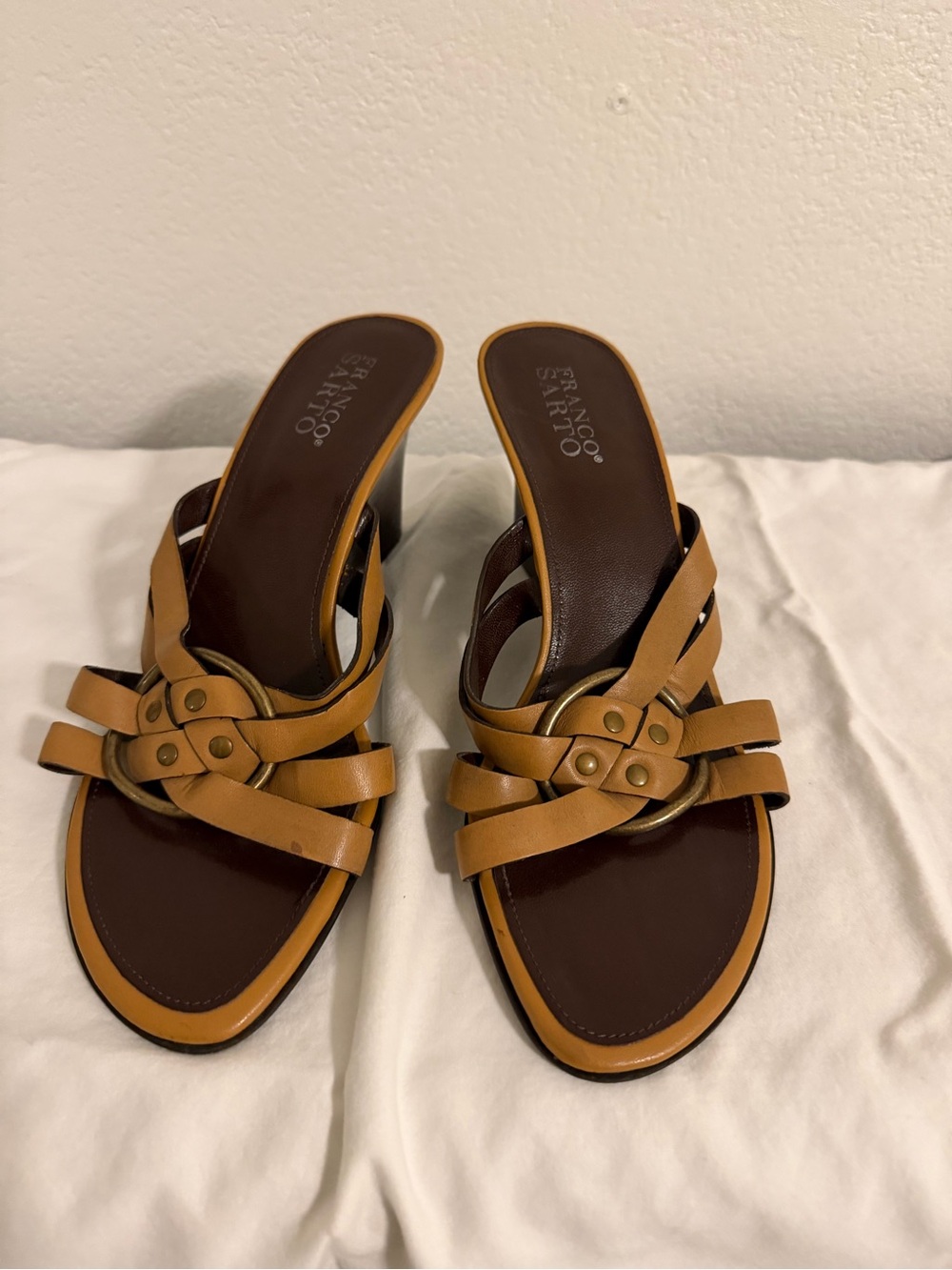 Vintage Franco Sarto Cognac Tan Leather Knot Mule Sandals